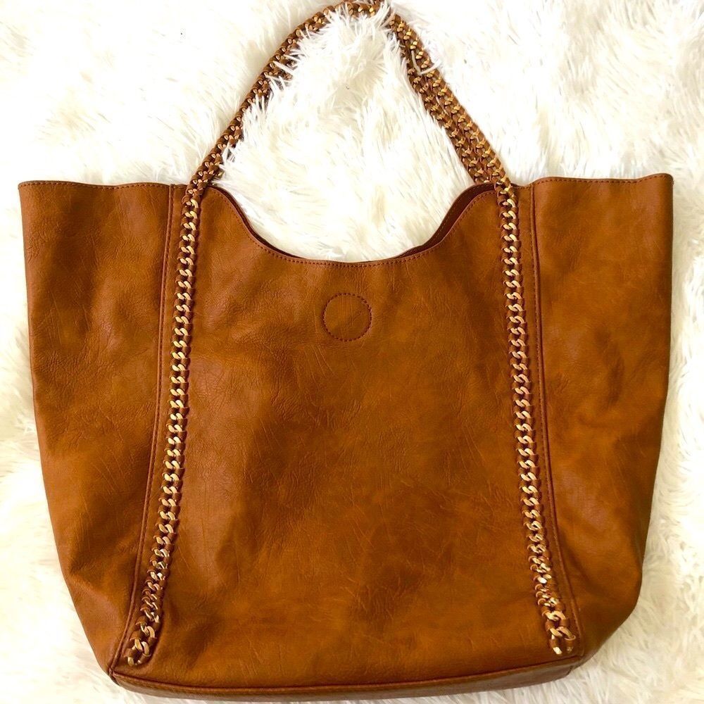 Trendy Vegan Leather Chain Tote with Pouch